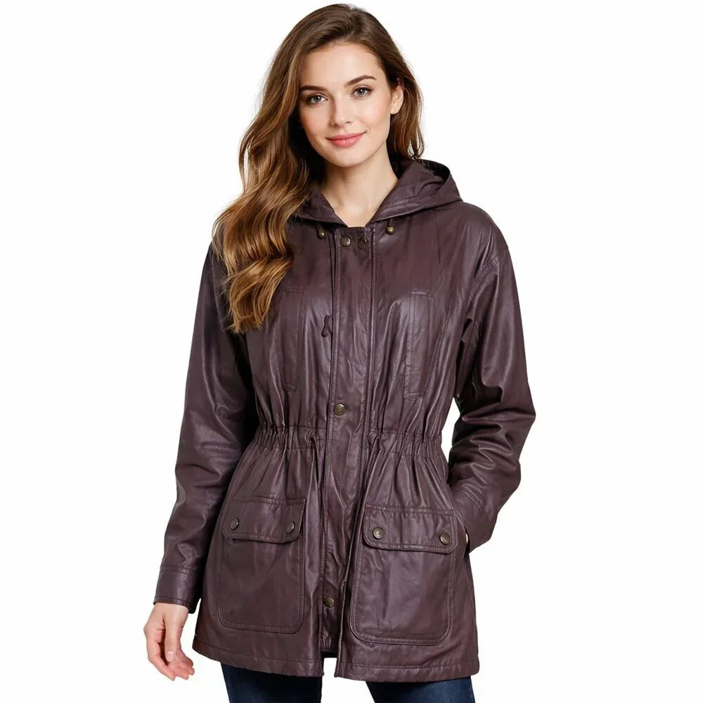 DANY Leather Coat  Women Size L Brown Hooded Zip Snaps 4 Pockets Cinched Vintage